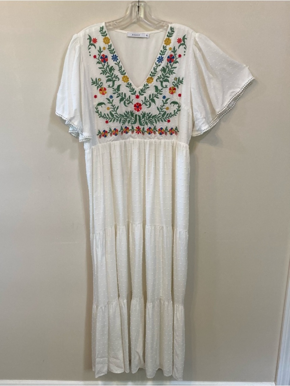 Anany Embroidered Lined Maxi Dress Sz L Womens Off White Boho Tiered